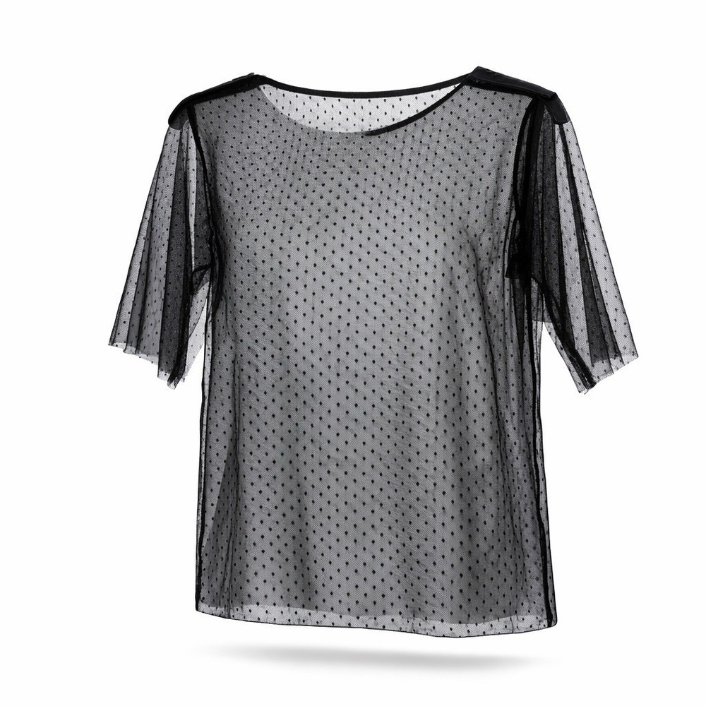Womens Tulle Top Sheer Mesh Lace Blouse Black Polka Dot Boho Whimsy Dark Fairy